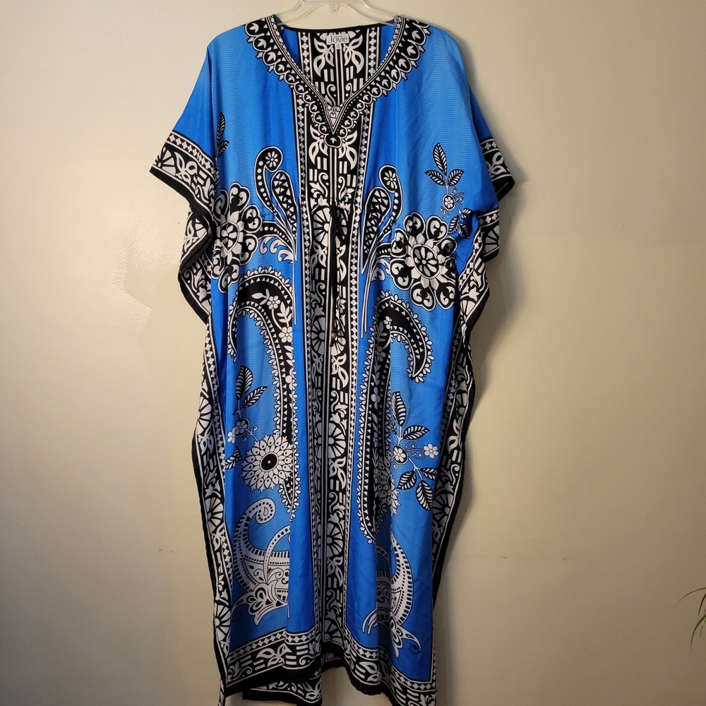 Jovie Blue Paisley Floral Kaftan Maxi Dress Drawstring Waist One Size Boho